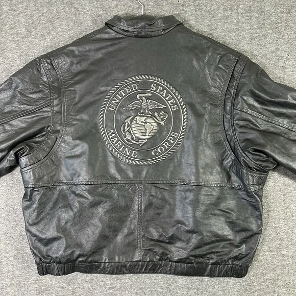 United States MARINE CORP EMBOSSED Black Leather JACKET Men's 3XL Made IN USA - Picture 1 of 14